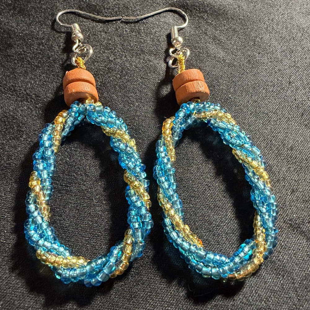 Blue and Gold Beaded Hoop Earrings